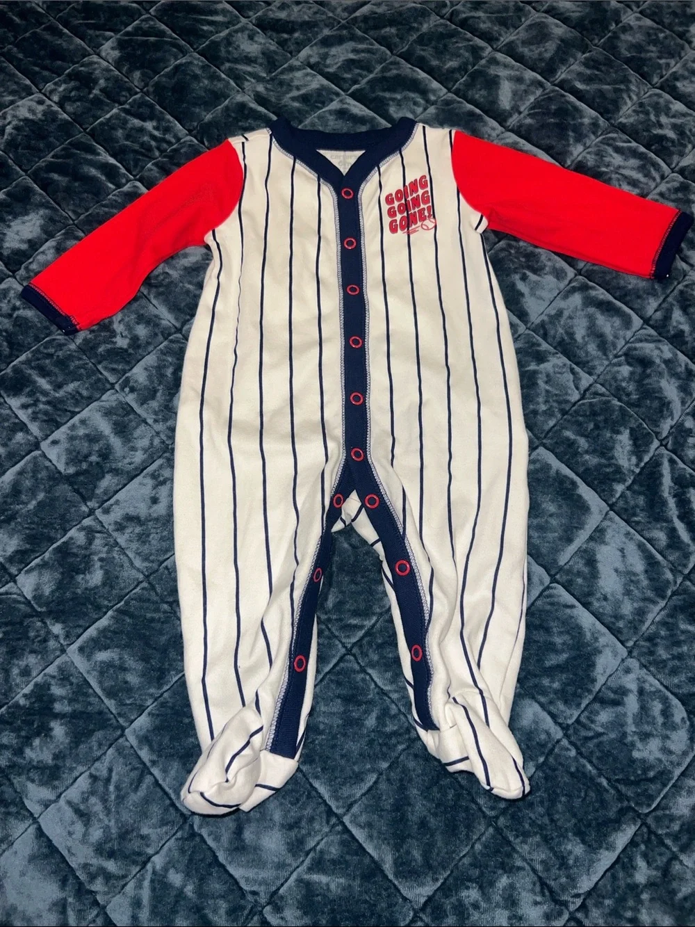 Carter's Baseball Themed White Navy Pinstripe Footed One-Piece with Red Sleeves